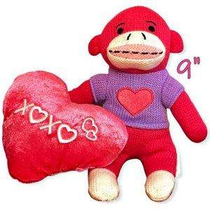 Valentines DAN DEE Sock Monkey 9" Plush Stuffed Animal Pink Purple + Heart Love
